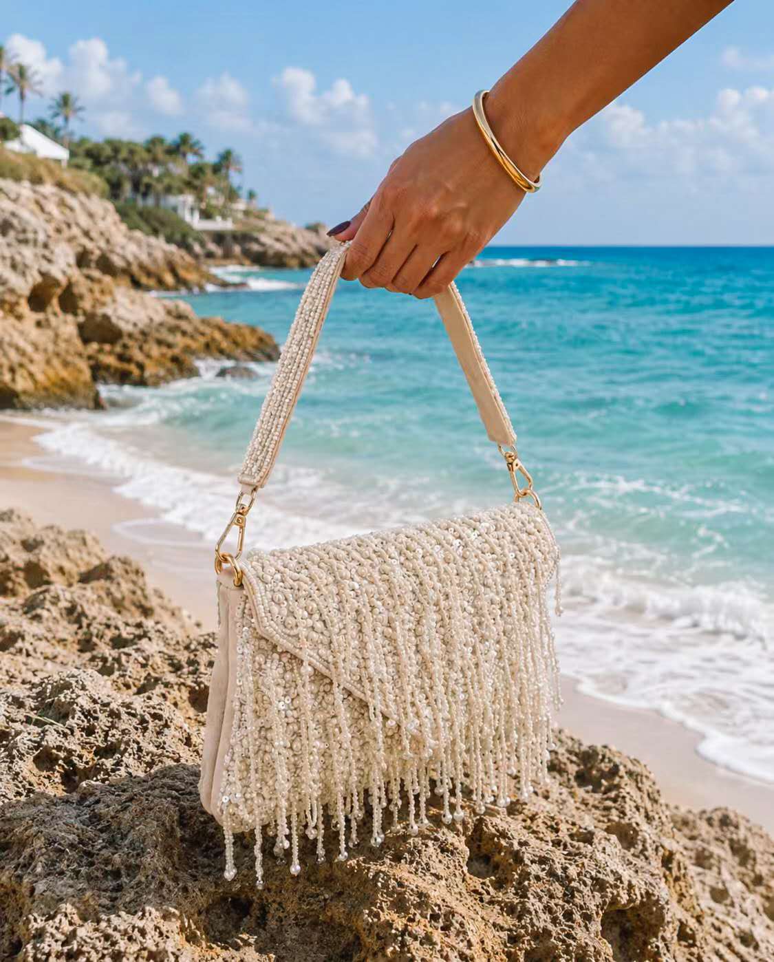 Handbag Beaded Tassel Drop Pearl Classic White Bag