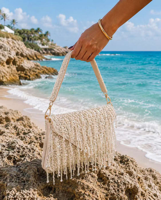 Handbag Beaded Tassel Drop Pearl Classic White Bag