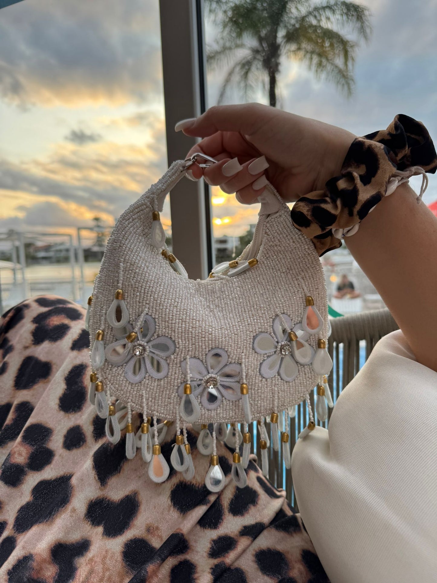 Beaded Handbag Embellished Flower Tassel Mini Bag