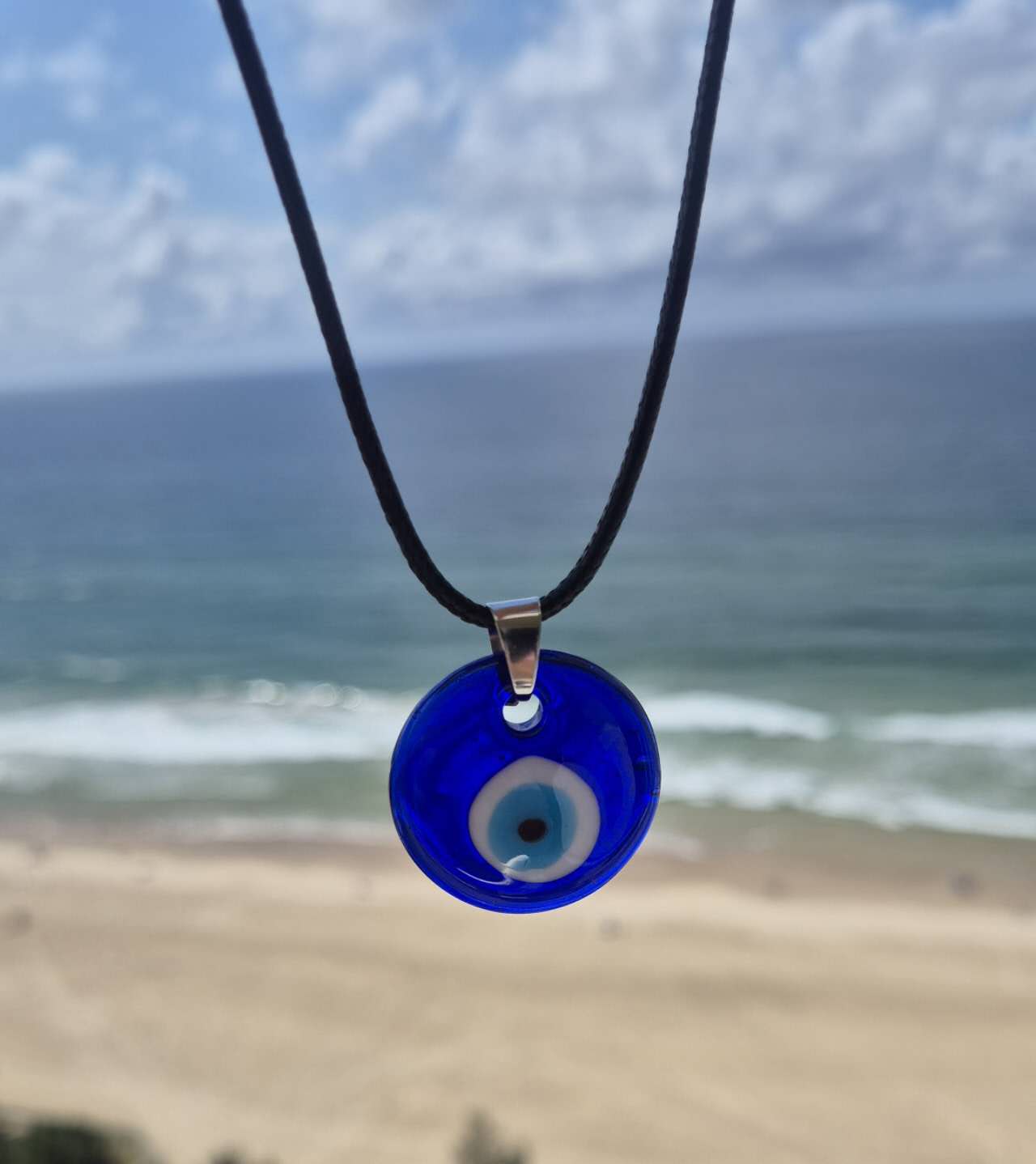 Blue Glass Evil Eye Cord Necklace