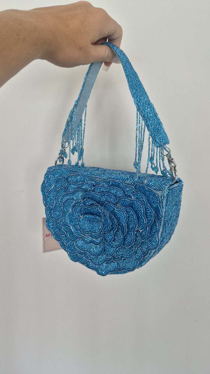 Handbag Flower Beaded in Blue With Tassels