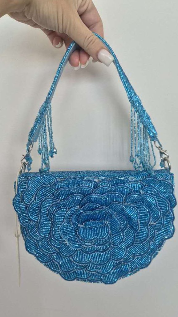 Handbag Flower Beaded in Blue With Tassels