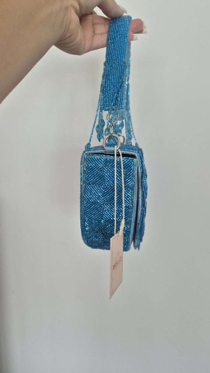 Handbag Flower Beaded in Blue With Tassels