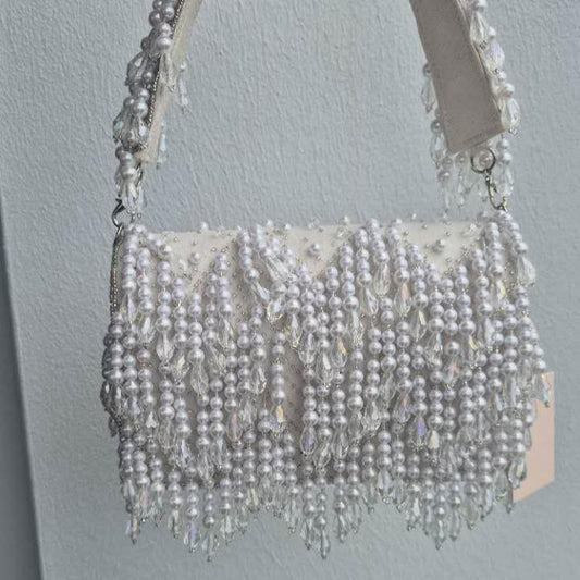 Beaded Pearl Handbag in white Underarm With Tassles