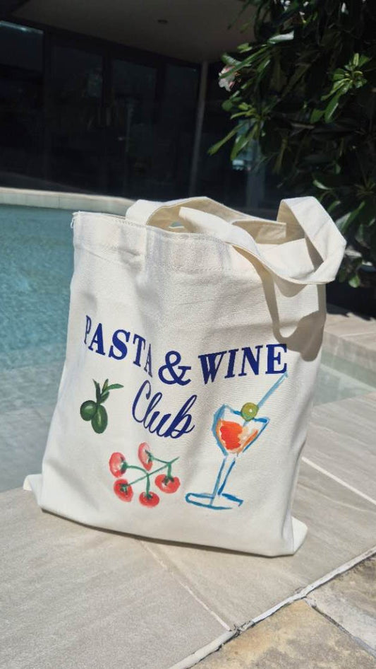 Tote Bag Cute Pasta and Wine Hand Painted