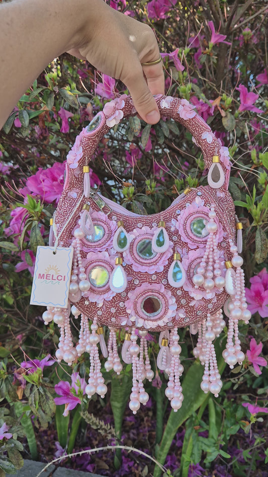 Handbag Mirror Tassle Embellished Bag Pink