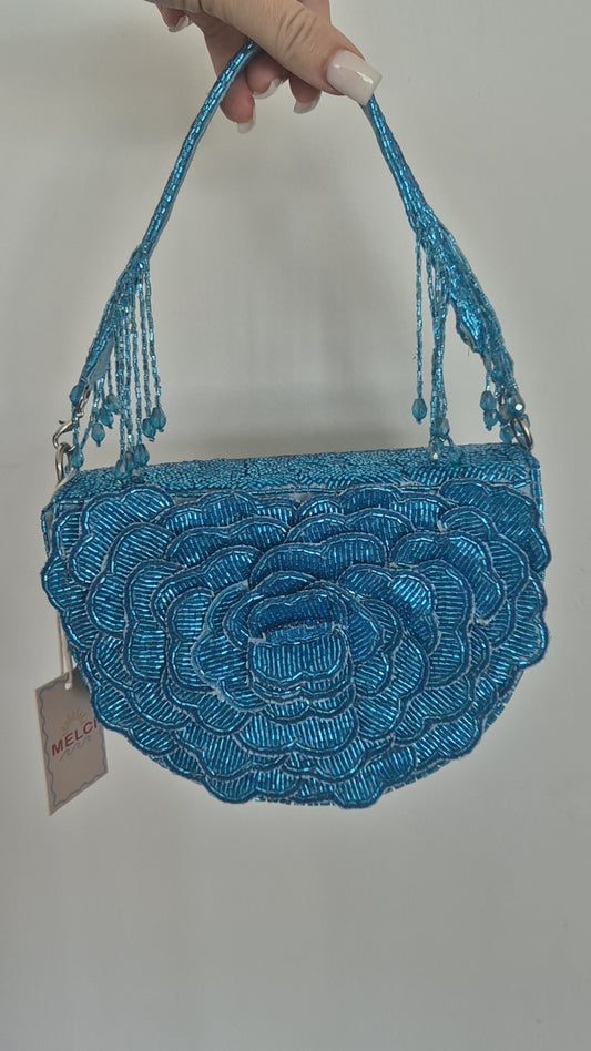 Handbag Flower Beaded in Blue With Tassels