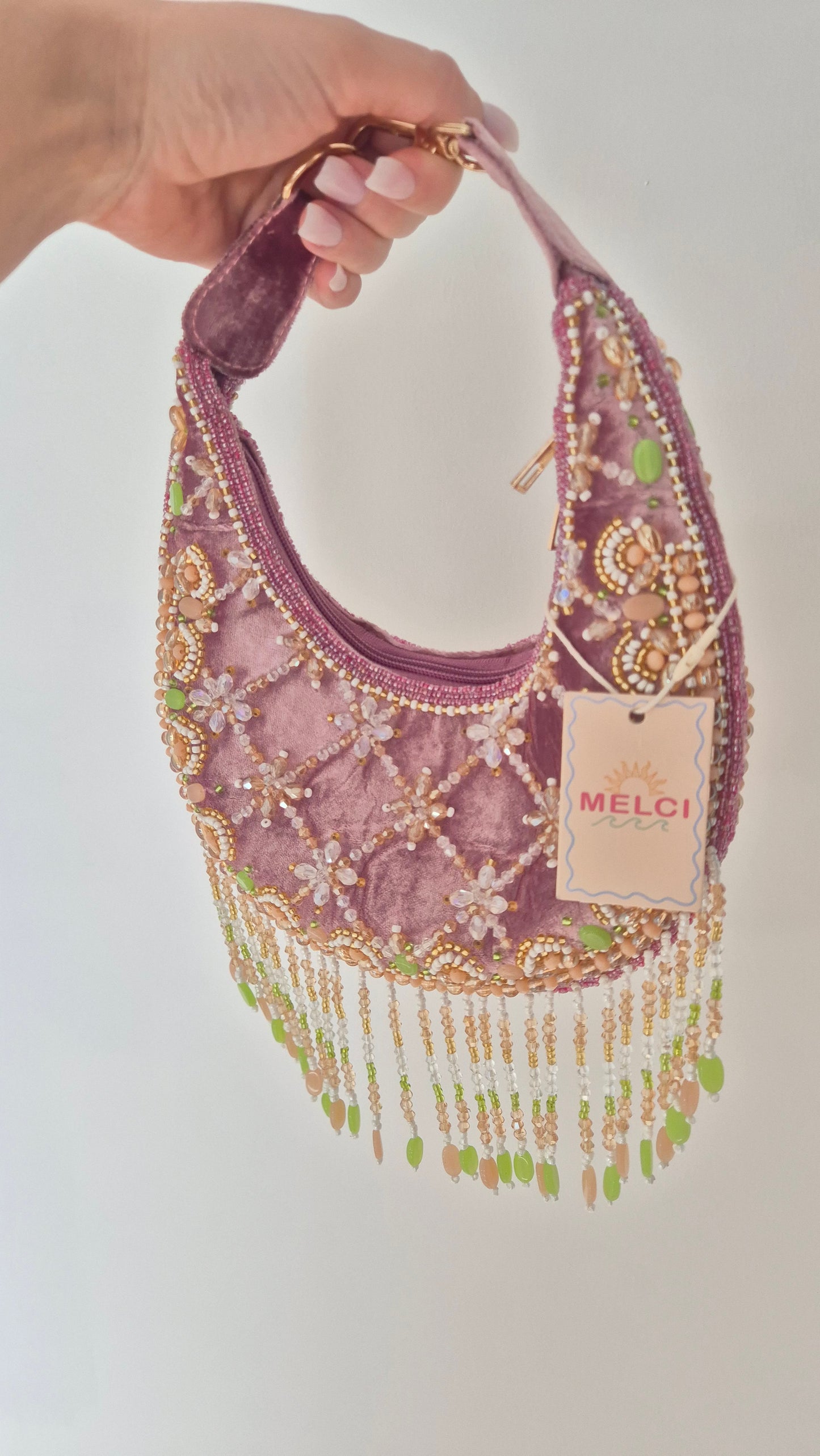Ibiza Handbag Pink Beaded Tassel Moon