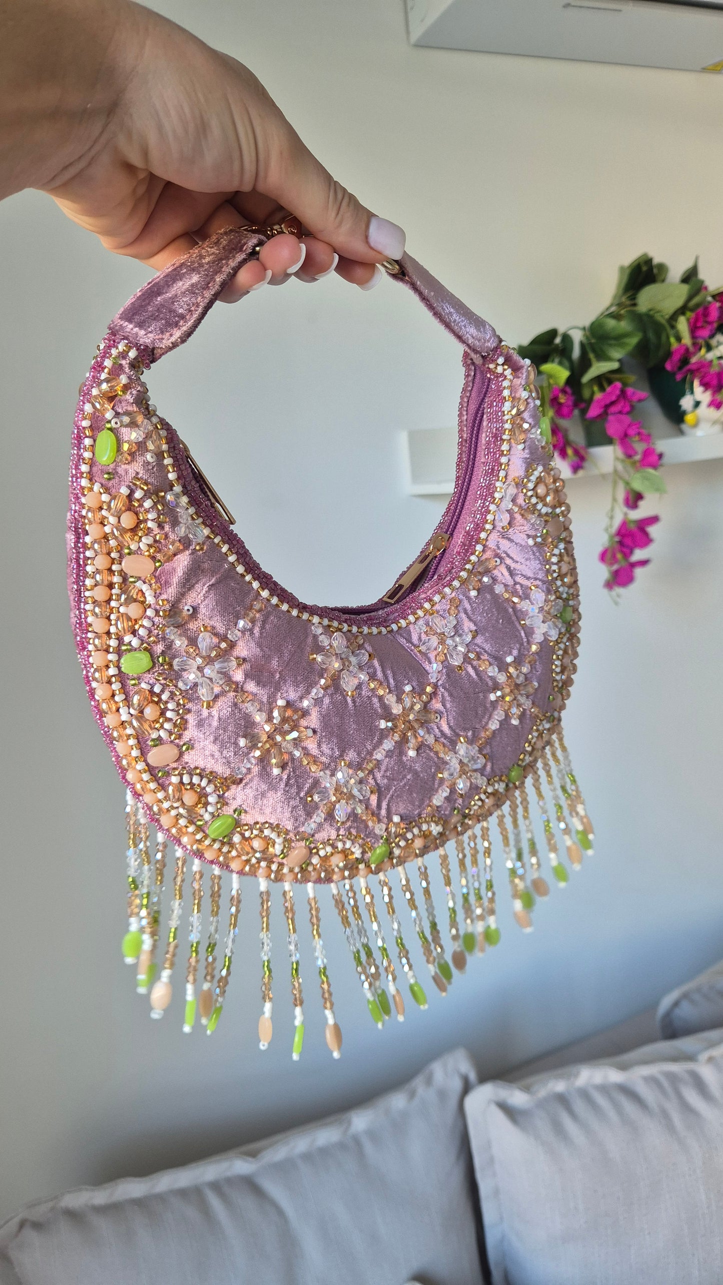 Ibiza Handbag Pink Beaded Tassel Moon