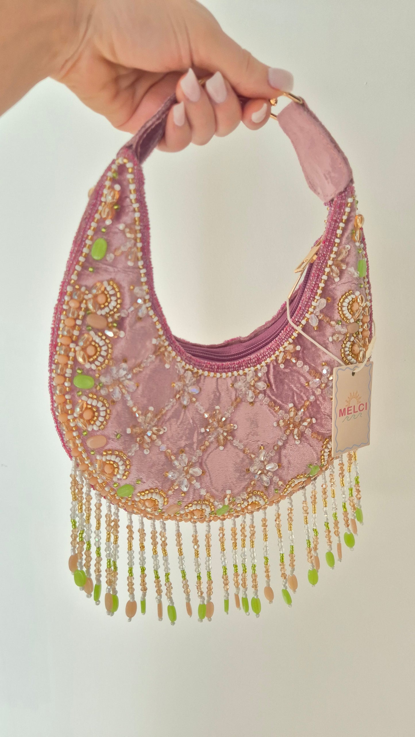Ibiza Handbag Pink Beaded Tassel Moon