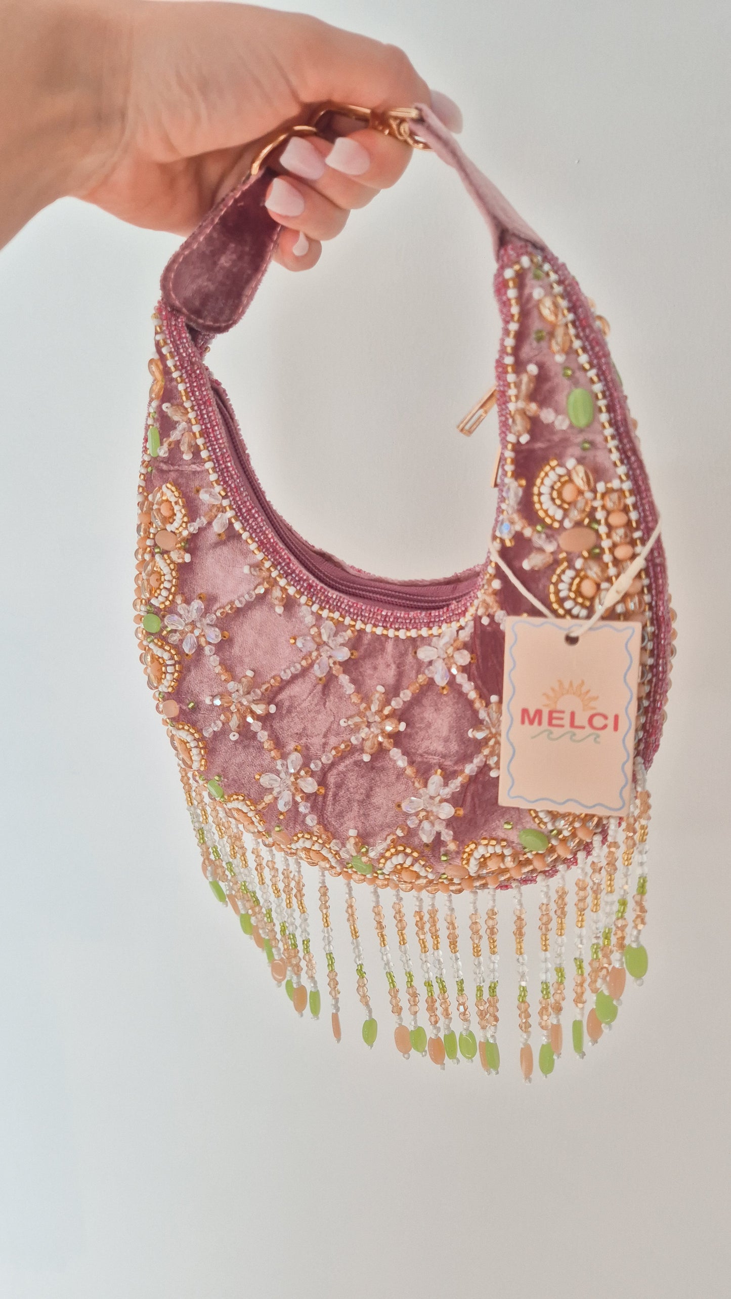 Ibiza Handbag Pink Beaded Tassel Moon