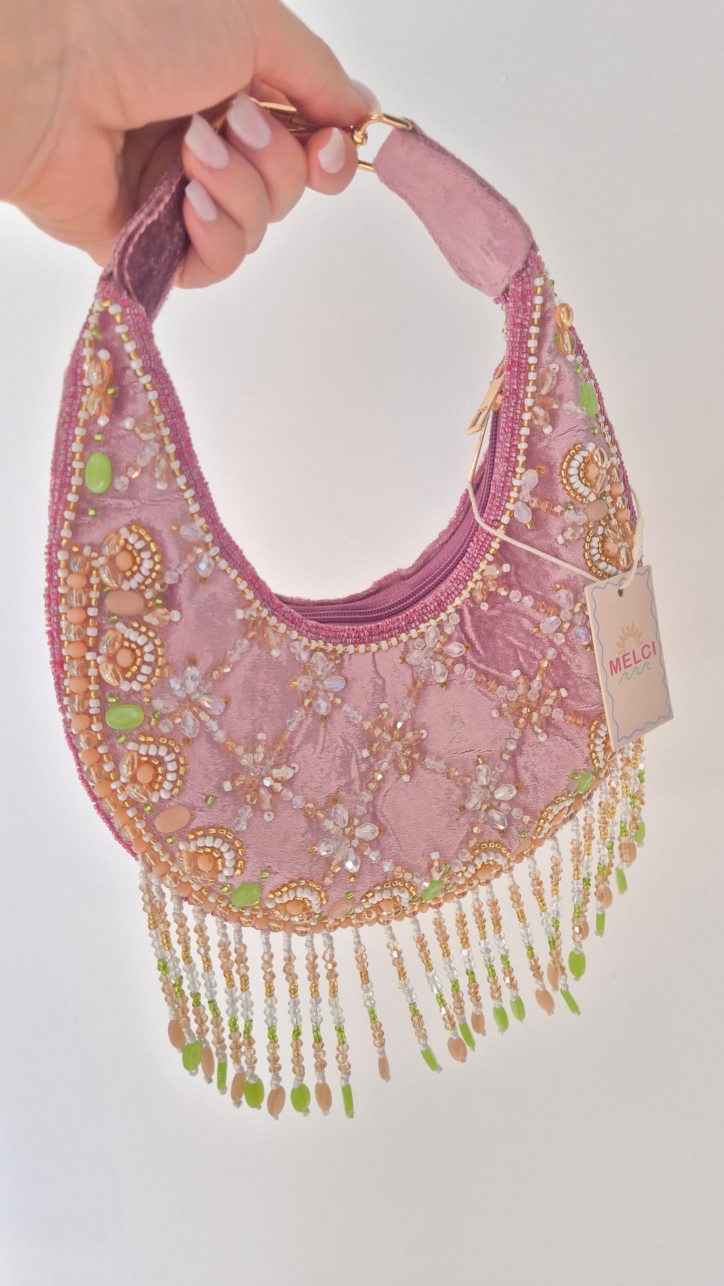 Ibiza Handbag Pink Beaded Tassel Moon